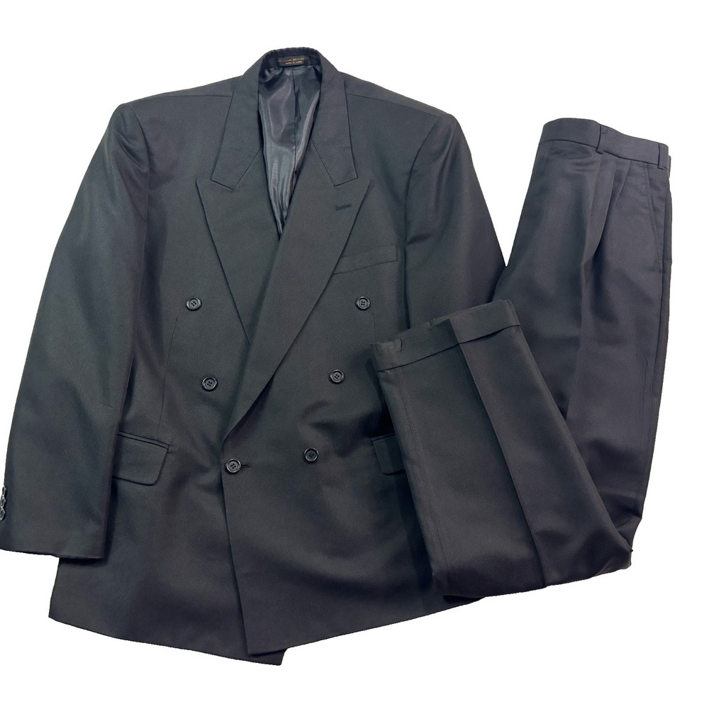 vtg 90s Raffinati 46R 36x32 2pc Pant Suit Double‎ Breasted Black Pleated Mens